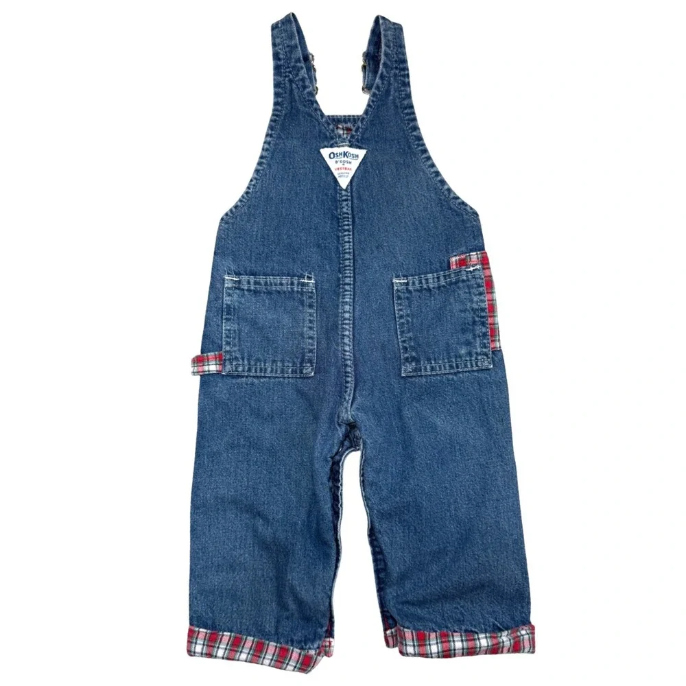 Vintage OshKosh Bgosh Plaid Lined Overalls 6/9M Denim Vestbak USA Made 80s 90s